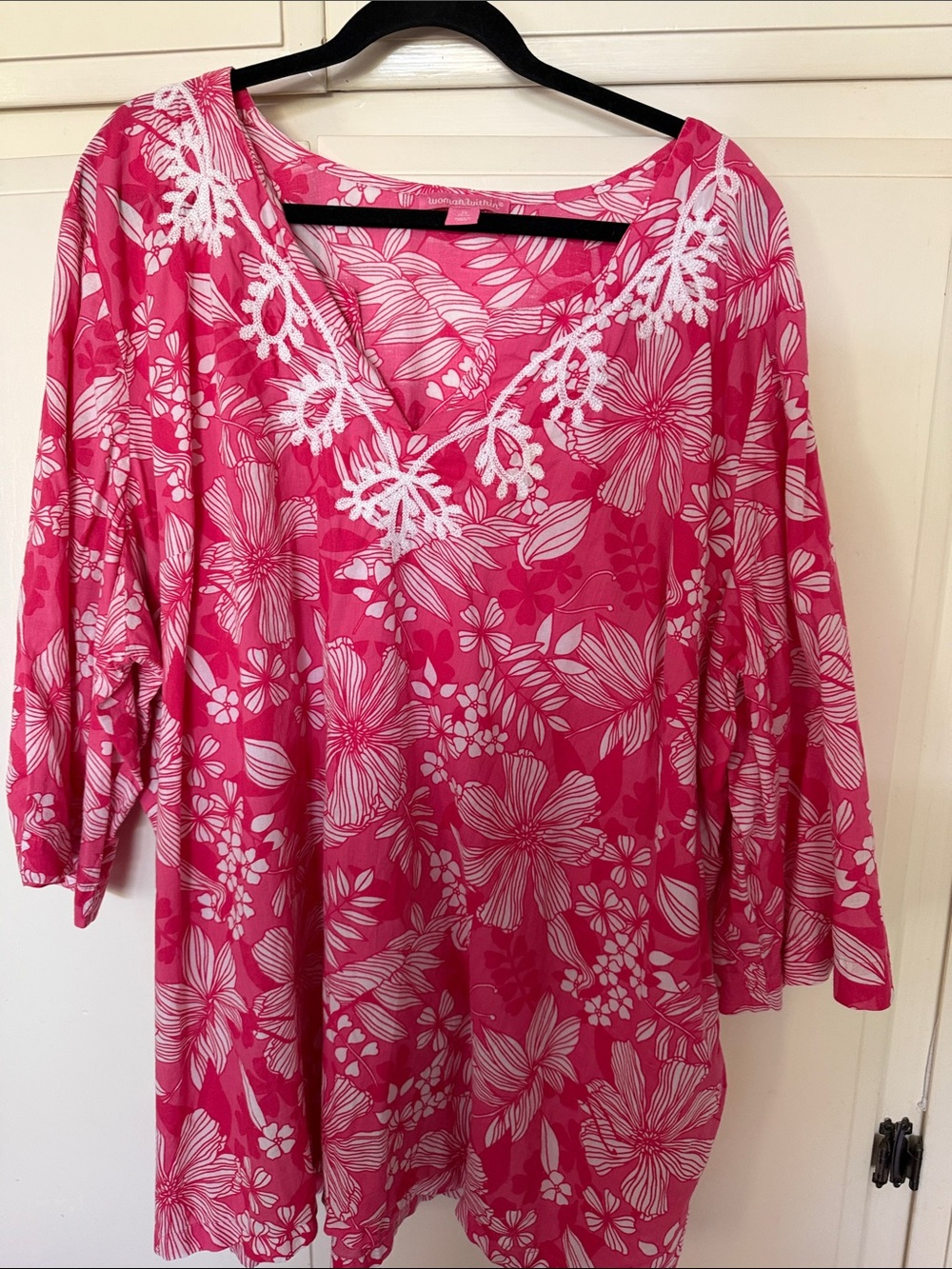 Woman Within Hot Pink Floral V-Neck Tunic with White Embroidery